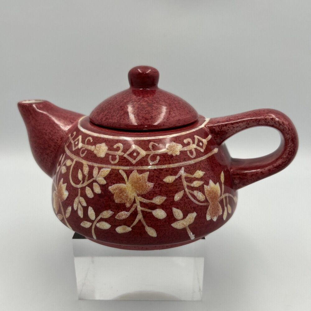 Vintage Red Glaze Etched Floral Ceramic Teapot Gold Accent Crackle Interior